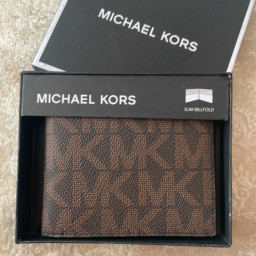 Brand New Michael Kors Jet Set Men’s Slim Billfold Brown & Black Logo Wallet - Picture 15 of 15